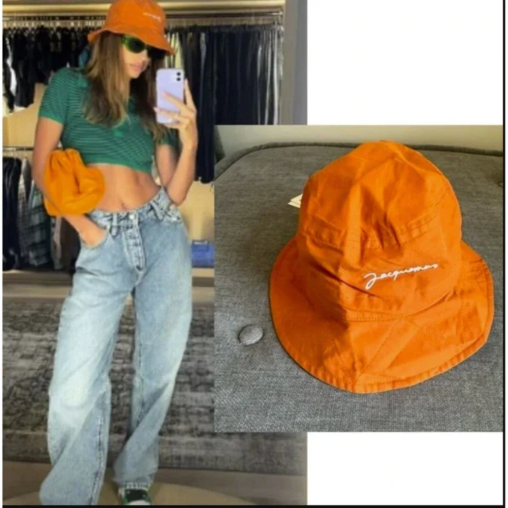 Jacquemus orange logo bucket hat seen on Hailey size56